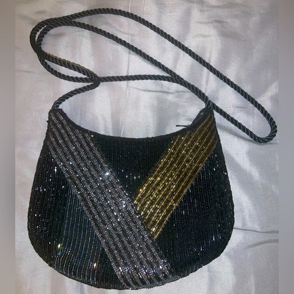 Mixed Color Beaded Black Crossbody Bag with Long Strap Silver Black Gold Beads